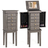 Giantex Jewelry Cabinet Armoire with 5 Drawers, 2 Side Doors with 8 Necklace Hooks, Top Flip Mirror, 4-Compartments Organizer, Standing Wood Jewelry Storage Chest, Antique, Washed Gray Giantex