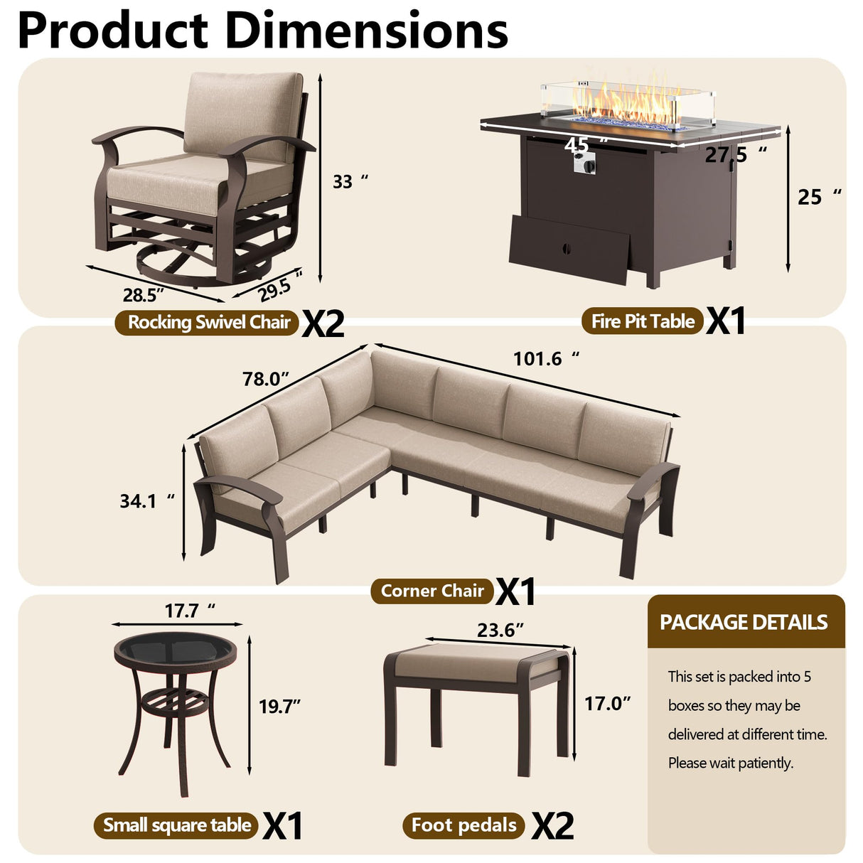 ASJMR 10-seat Aluminum Patio Furniture Set with Fire Pit Table, L-Shaped Sectional Sofa with 5.1" Cushions, High Backrest & 2 Footstools, Durable Outdoor patio Furniture Set, Backyard, Poolside - Sand ASJMR