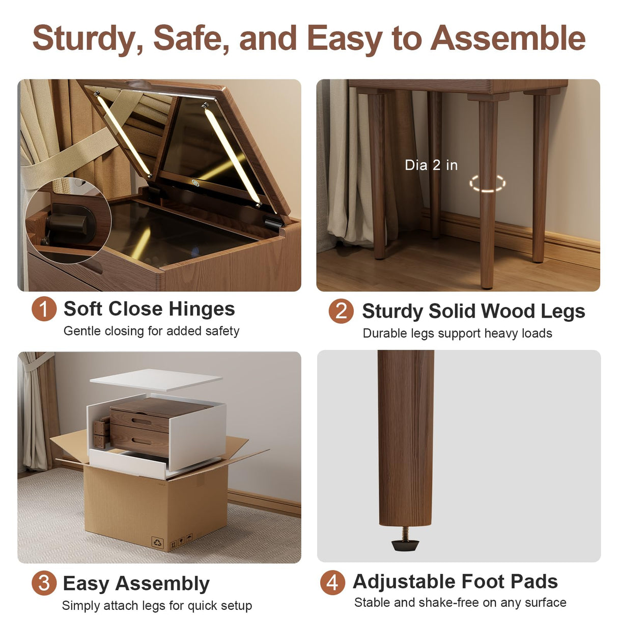 Muwuele Solid Wood Small Vanity Desk with Flip Top Mirror, Brightness Adjustable Lights, Compact Vanity with Glass Top and Drawers, Slim Dressing Table for Small Space, Bedroom, Living Room, Walnut Muwuele