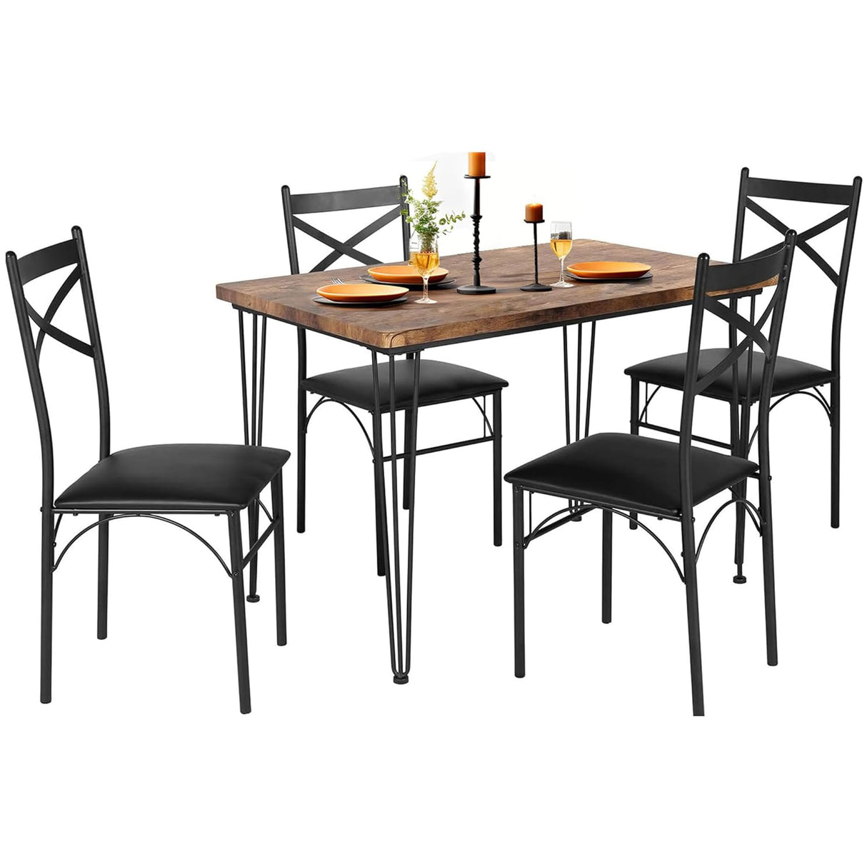 VECELO 5-Piece Dining Table Set for Home Kitchen Small Space Breakfast Nook, 4 Faux Leather Metal Frame Chairs, Retro Brown VECELO