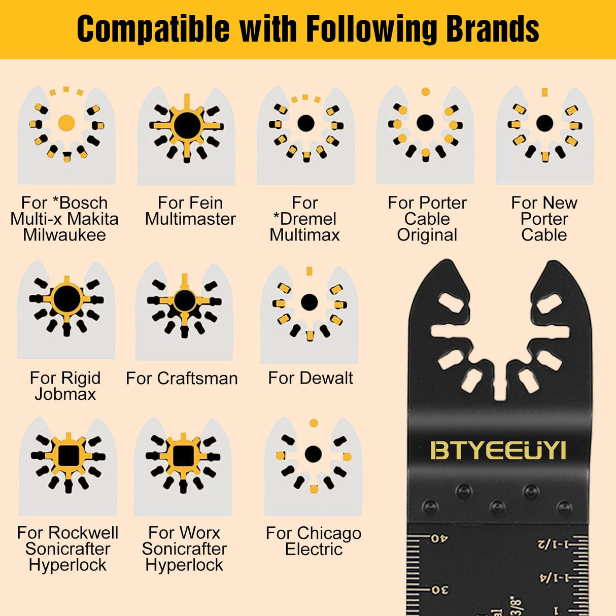 BTYEEUYI 18 PCS Titanium Oscillating Tool Blades Metal Cutting, Universal Multitool Blades for Metal Nails Wood Plastic and Hard Material, Multi Tool Blades Kits Fit Dewalt Ryobi Bosch Milwaukee BTYEEUYI