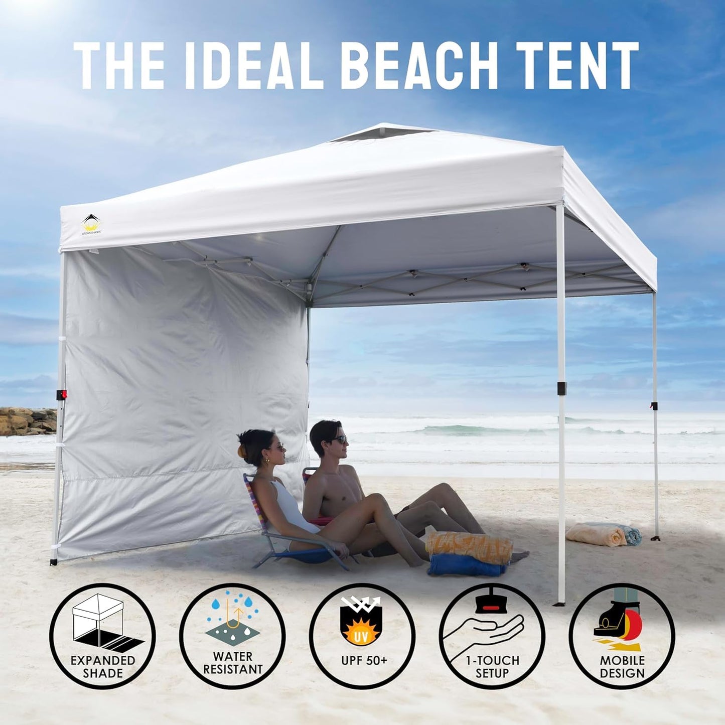 CROWN SHADES 10x10 Pop Up Canopy with 1 Side Wall - Beach Tent with One Push Setup - Outdoor Sun Shade for Events, Parties, Camping - Gazebo with STO-N-Go Cover Bag (White)