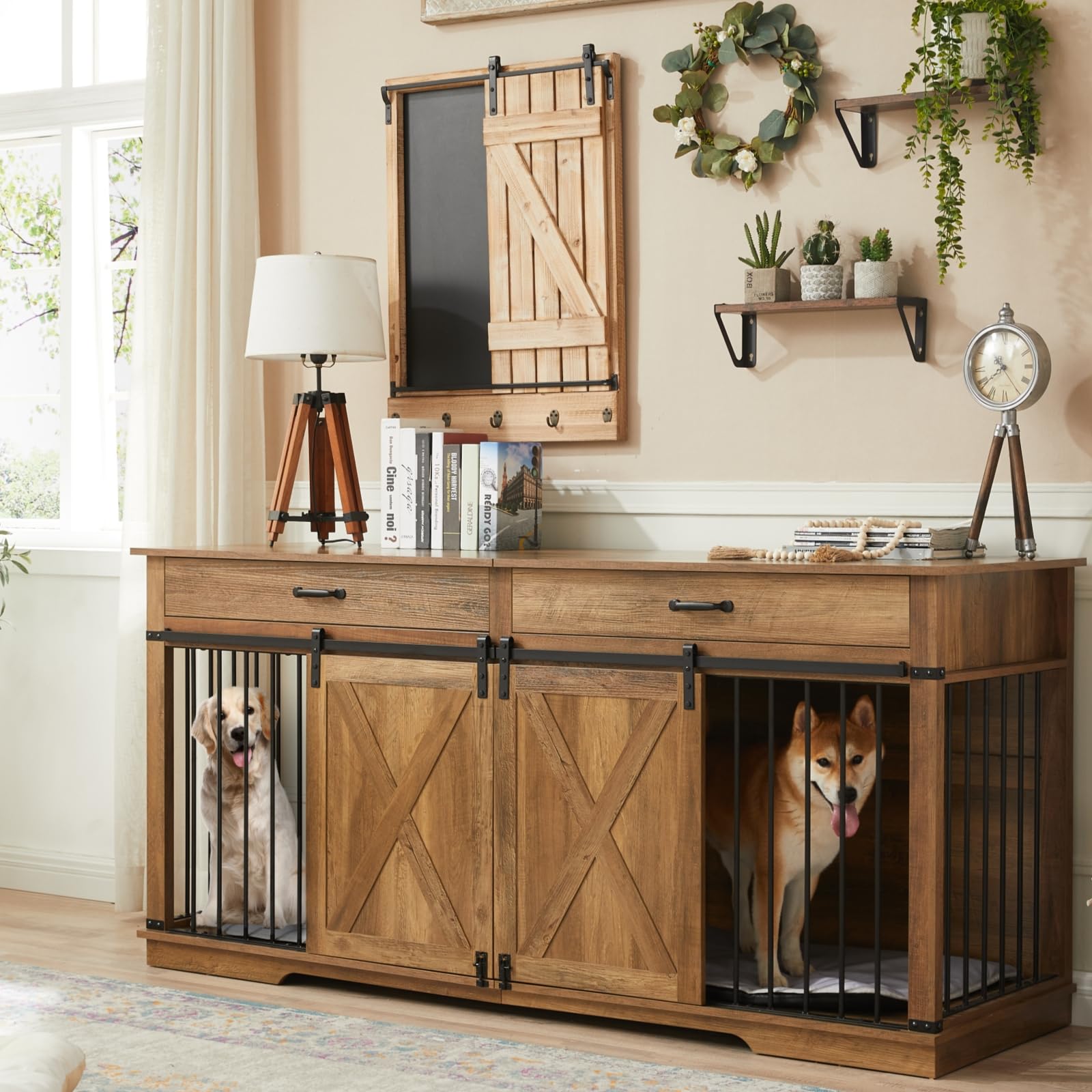 EDYO LIVING 72.5" Large Dog Crate Furniture for 2 Dogs, Wooden Dog Kennel with Drawers, Divider, Sliding Barn Door, Water Resistant Indoor Furniture Style Double Dog Crates, Rustic Oak - WoodArtSupply