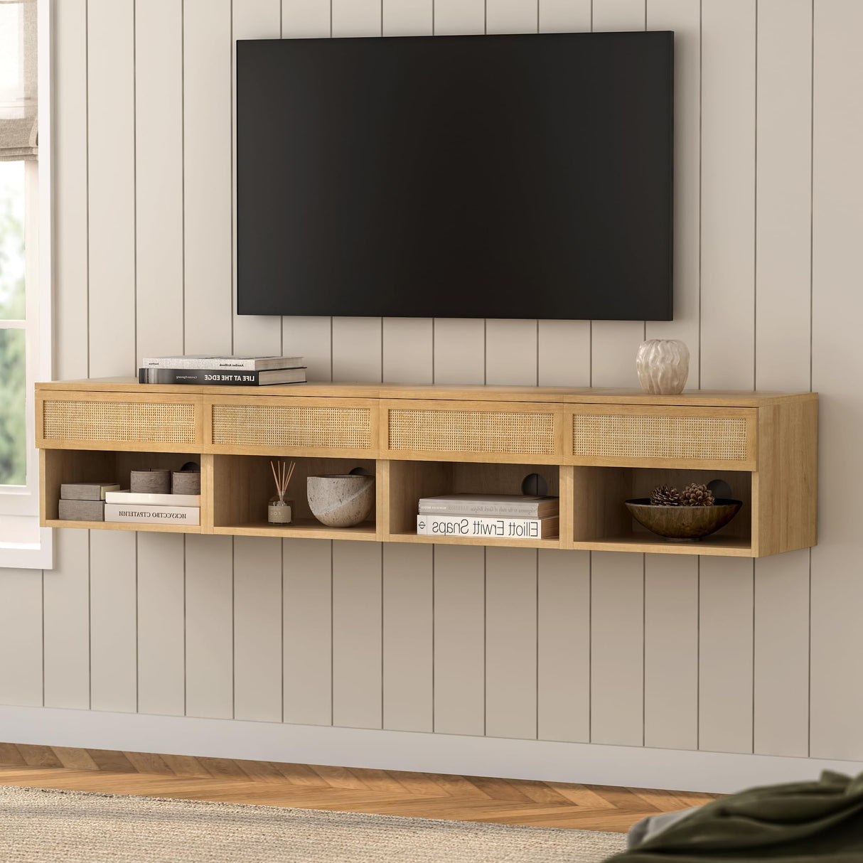 MoomJiee Rattan Floating Nightstands Set of 2, Wall Mounted End Table with Drawer and Open Compartment Modern Wood Bedside Night Stand Storage Cabinet for Bedroom Living Room, Natural Oak MoomJiee