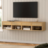 MoomJiee Rattan Floating Nightstands Set of 2, Wall Mounted End Table with Drawer and Open Compartment Modern Wood Bedside Night Stand Storage Cabinet for Bedroom Living Room, Natural Oak MoomJiee