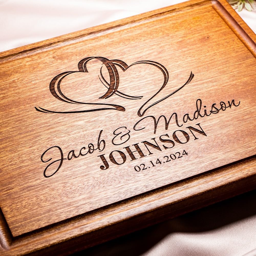 Personalized Cutting Board, Custom Wedding, Anniversary or Housewarming Gift Idea, Wood Engraved Charcuterie, for Newlyweds and Couples, Two Hearts Design 027 Wedding Gift Boutique