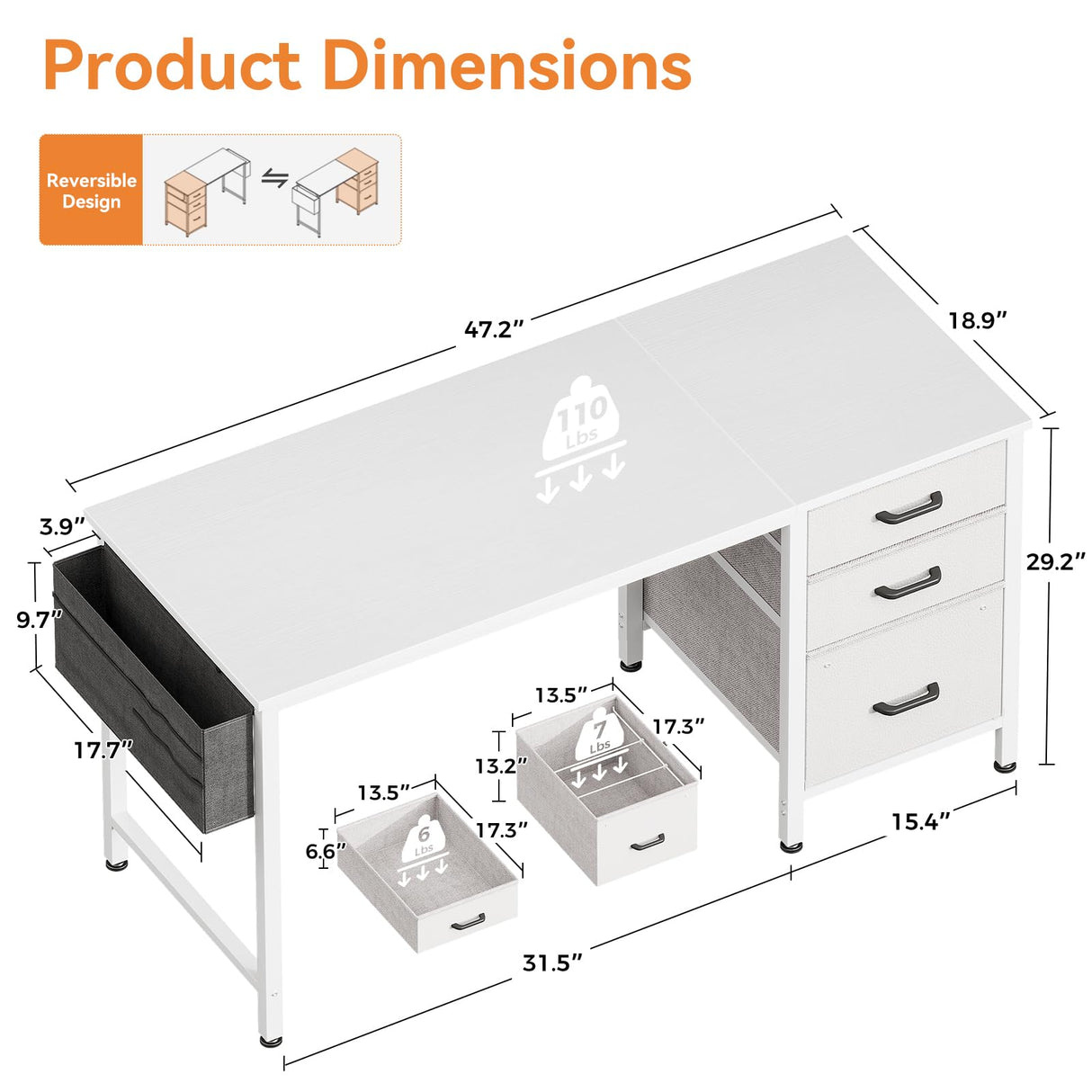 Casaottima 48-Inch Small Computer Desk with Fabric Drawers & File Cabinet, Home Office Desk with Cloth Storage Bag and Hook, Writing Study Work Table for Small Space, Vanity Desk for Bedroom, White Casaottima