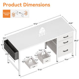 Casaottima 48-Inch Small Computer Desk with Fabric Drawers & File Cabinet, Home Office Desk with Cloth Storage Bag and Hook, Writing Study Work Table for Small Space, Vanity Desk for Bedroom, White Casaottima