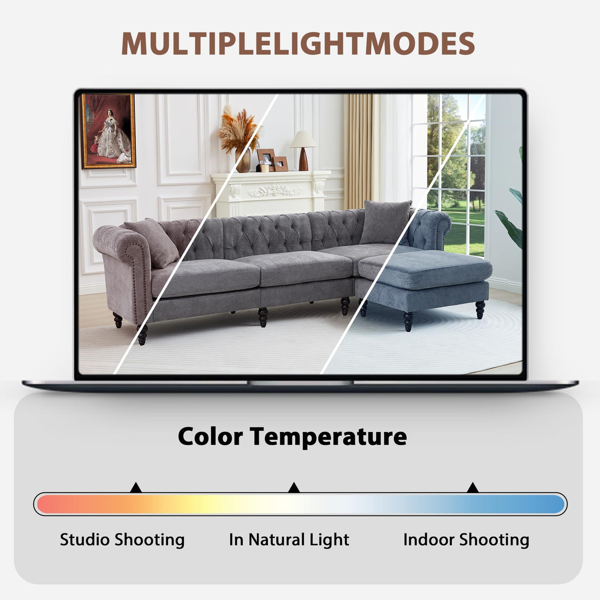 AVZEAR Chesterfield L Shaped Sofa Modular, Sectional Linen Fabric Couch with Ottoman and Pillow, Modern Bed Deep Seat Sofa Living Room Furniture Sets for Living Room, Bedroom and Apartment, Grey AVZEAR