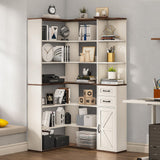 UPOSOJA 7-Shelf Farmhouse Corner Bookshelf with Lockers & Drawers, 71" L-Shaped Large Storage Shelf Display Rack for Bedroom, Living Room, Home Office (White Brown) UPOSOJA