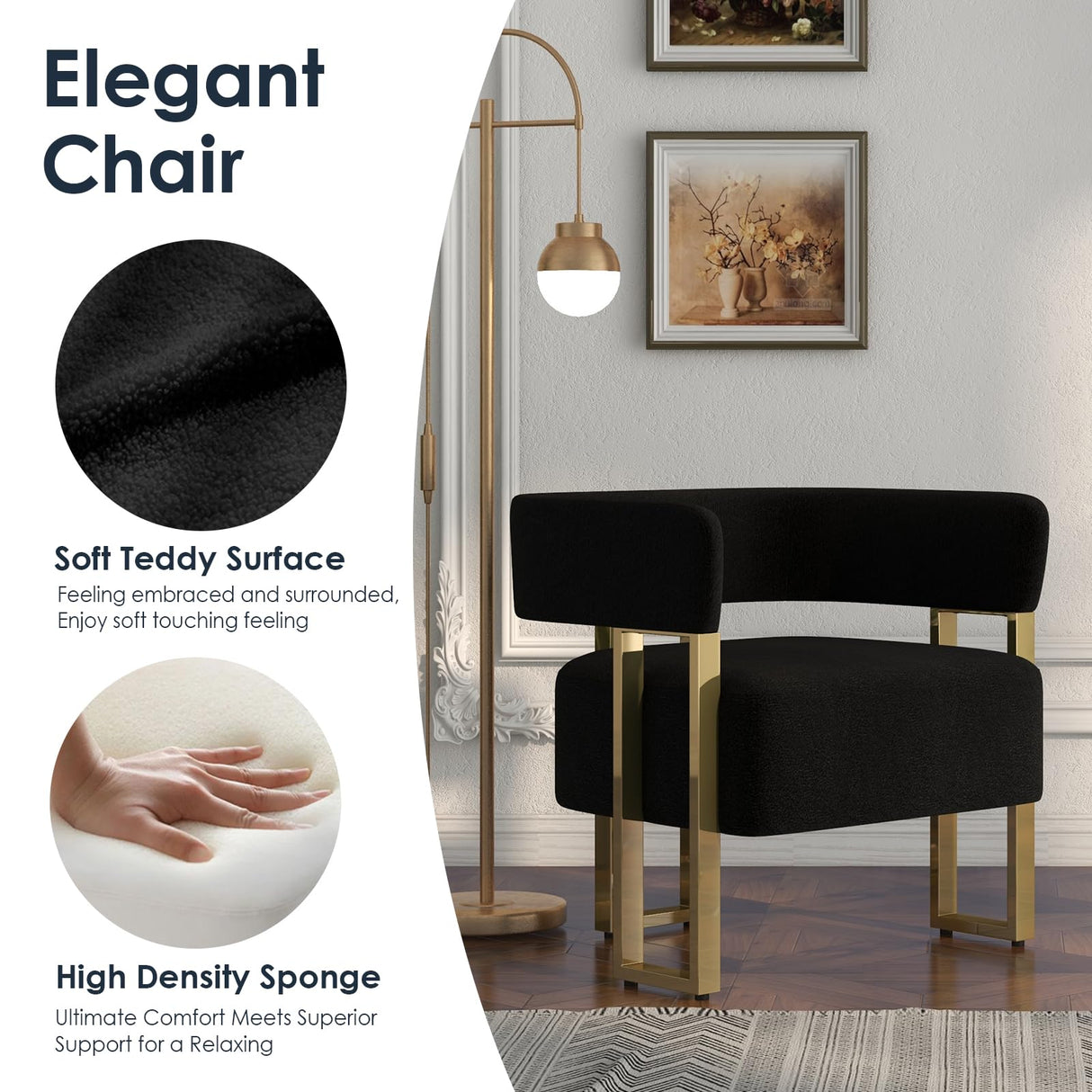 AODAILIHB Mid Century Sherpa Boucle Accent Chair Set of 2, Modern Upholstered Armchair Black Bucket Chair Comfy Side Chair Arm Chairs for Living Room, Office, Club, Reading Nook (2, Black) AODAILIHB