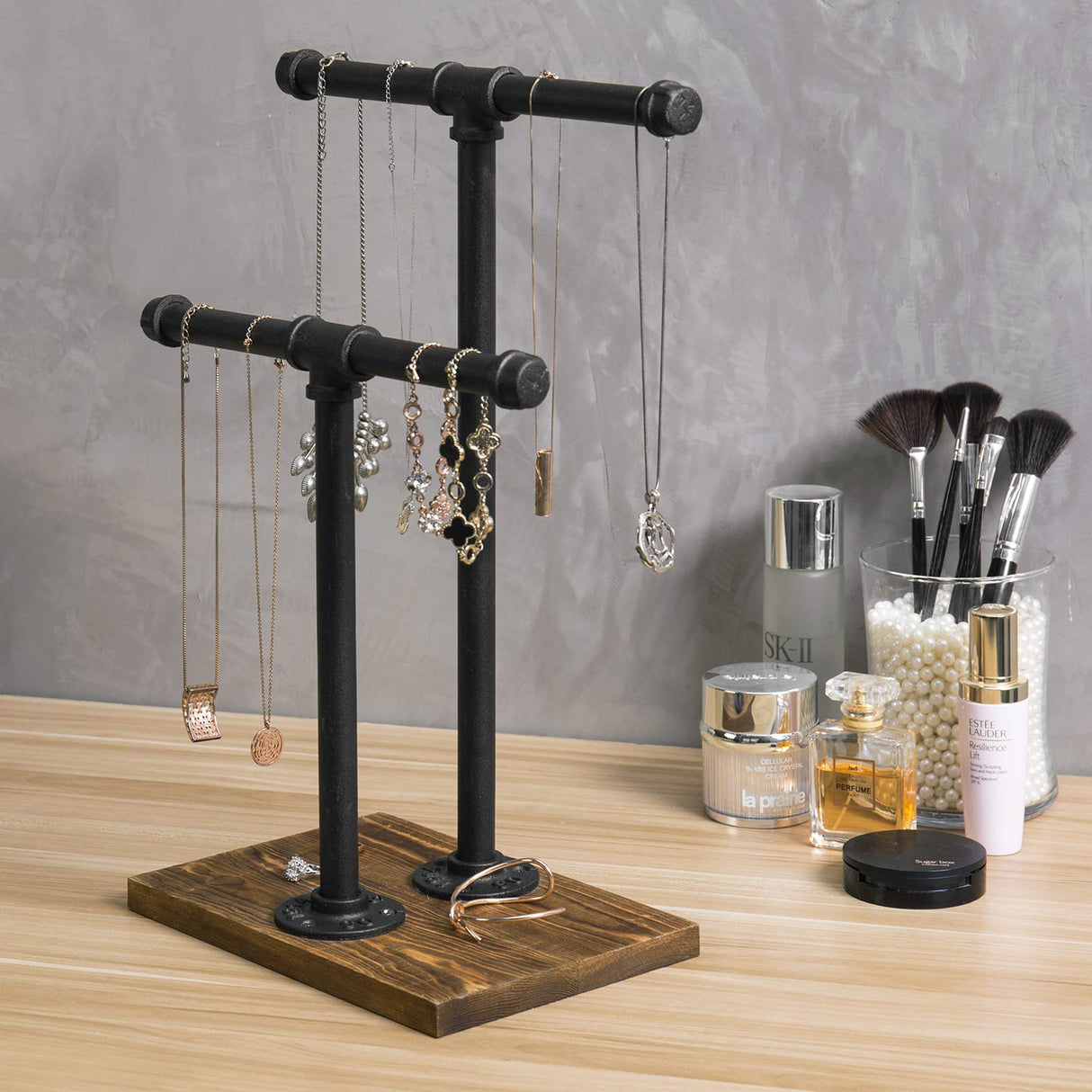 MyGift 2-Tier Urban Rustic Metal Industrial Pipe & Brown Wood T-Bar Necklace Jewelry Stand MyGift