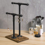 MyGift 2-Tier Urban Rustic Metal Industrial Pipe & Brown Wood T-Bar Necklace Jewelry Stand MyGift