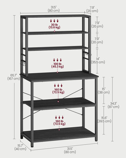 VASAGLE Coffee Bar, 31.5 Inches Baker's Rack for Kitchen with Storage, 6-Tier Kitchen Shelves with 6 Hooks, Microwave Stand, Industrial, Charcoal Gray and Black UKKS019B22