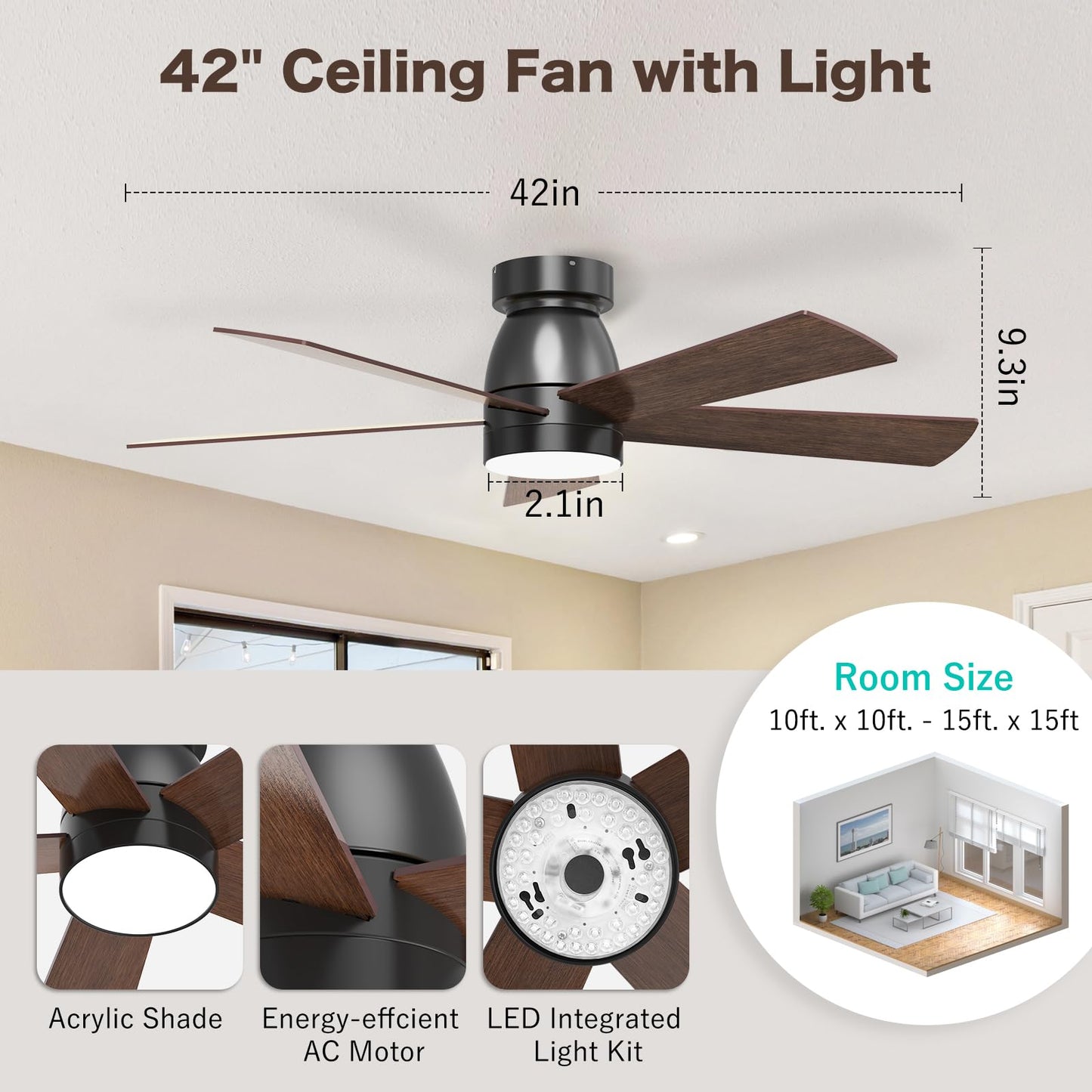 AKOFUN Ceiling Fans with Lights, 42 inch Low Profile Ceiling Fan with Light and Remote Control, Flush Mount, Reversible, 3CCT, Noiseless, 5 Blades Black Modern Ceiling Fan for Bedroom Living Room