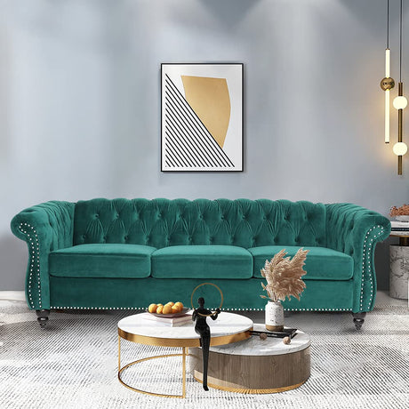 LEVNARY Three-Seat Velvet Sofa, Large Sofa Classic Tufted Chesterfield Settee Modern 3 Seater Couch Furniture Tufted Back for Living Room, Green LEVNARY