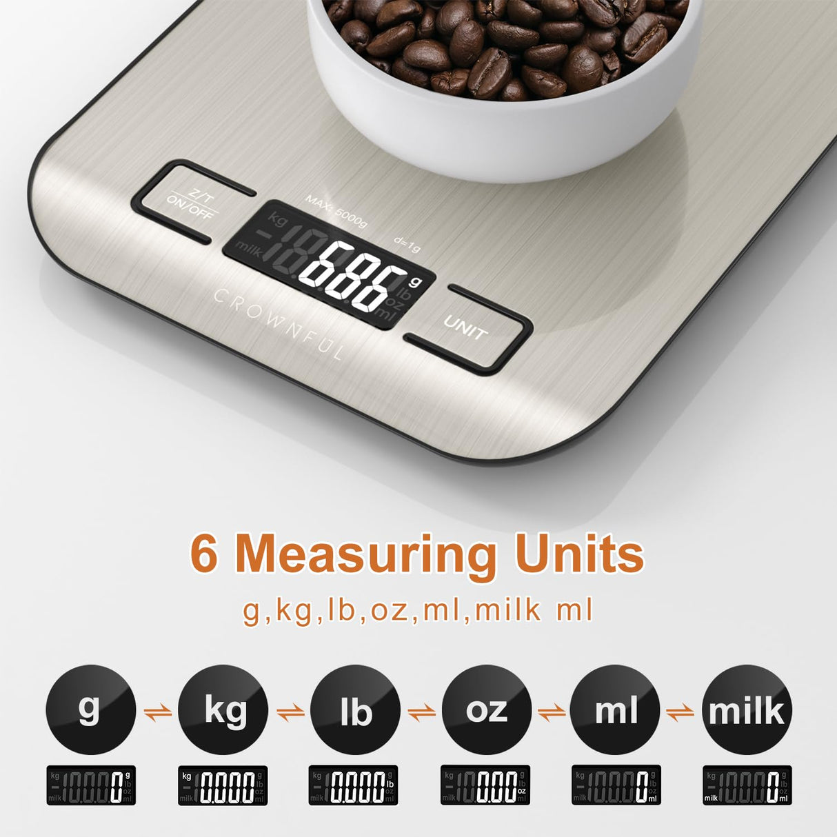 CROWNFUL Food Scale, 11 lb Digital Kitchen Scales with Built-in Coin Battery, Weight Ounces and Grams for Cooking and Baking, 6 Units with Tare Function, LCD Display, 304 Stainless Steel CROWNFUL