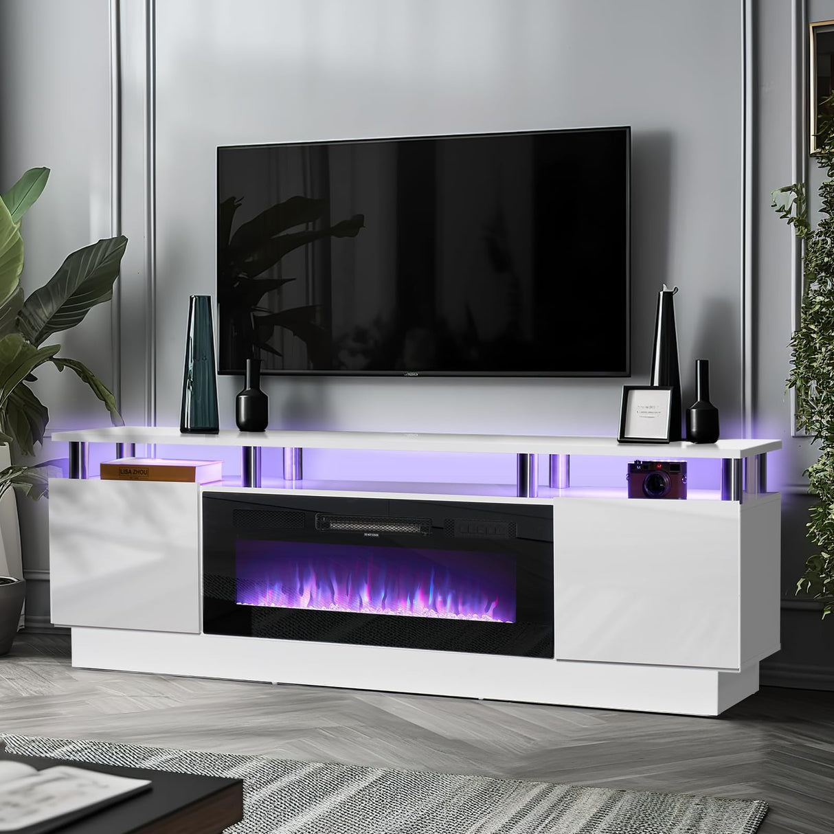 oneinmil Fireplace TV Stand with 36" Electric Fireplace,LED Light Entertainment Center,2 Tier TV Console Stand for TVs Up to 80",Fireplace for The Living Room TV Stand,White oneinmil