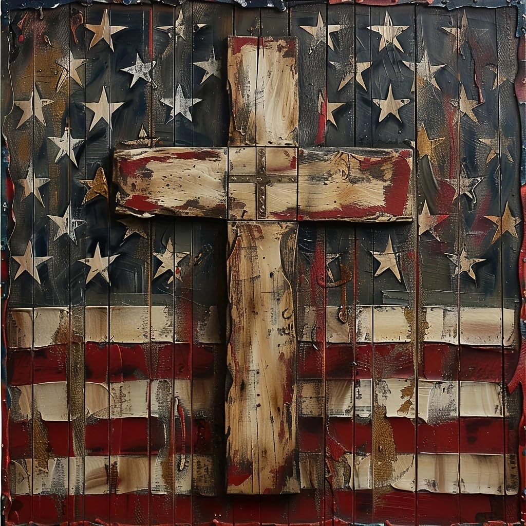 Patriotic American Flag Cross 5D Diamond Painting Kits for Adults Beginners, Independence Day Full Round Drill Diamond Art Kits, Paint by Diamonds Dot Gem Art Crystal, for Home Wall Decor 14X14Inch Clendo