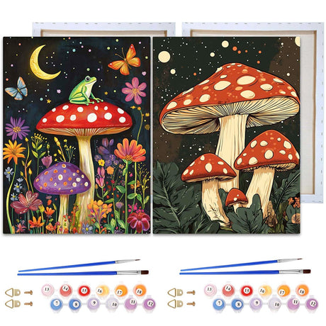 Reofrey Framed Paint by Numbers Kit for Adults & Beginner - 2Pcs 8x12Inch Canvas Mushrooms Paint by Numbers - Night Sky Educational & Creative Art Set for Beginners - Perfect for Home Wall Decoration Reofrey