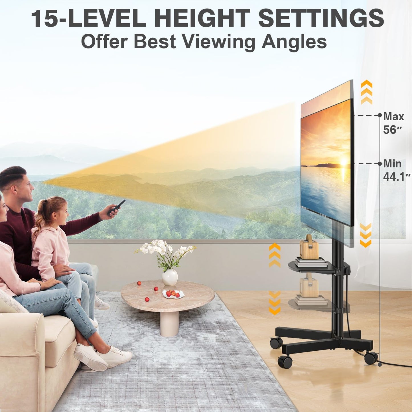 TVON Rolling TV Stand with Power Outlet for 32-70 Inch LCD LED OLED Flat Curved Screen TVs up to 88 lbs, Portable TV Stand on Wheels and Height Adjustment Max VESA 400x400mm