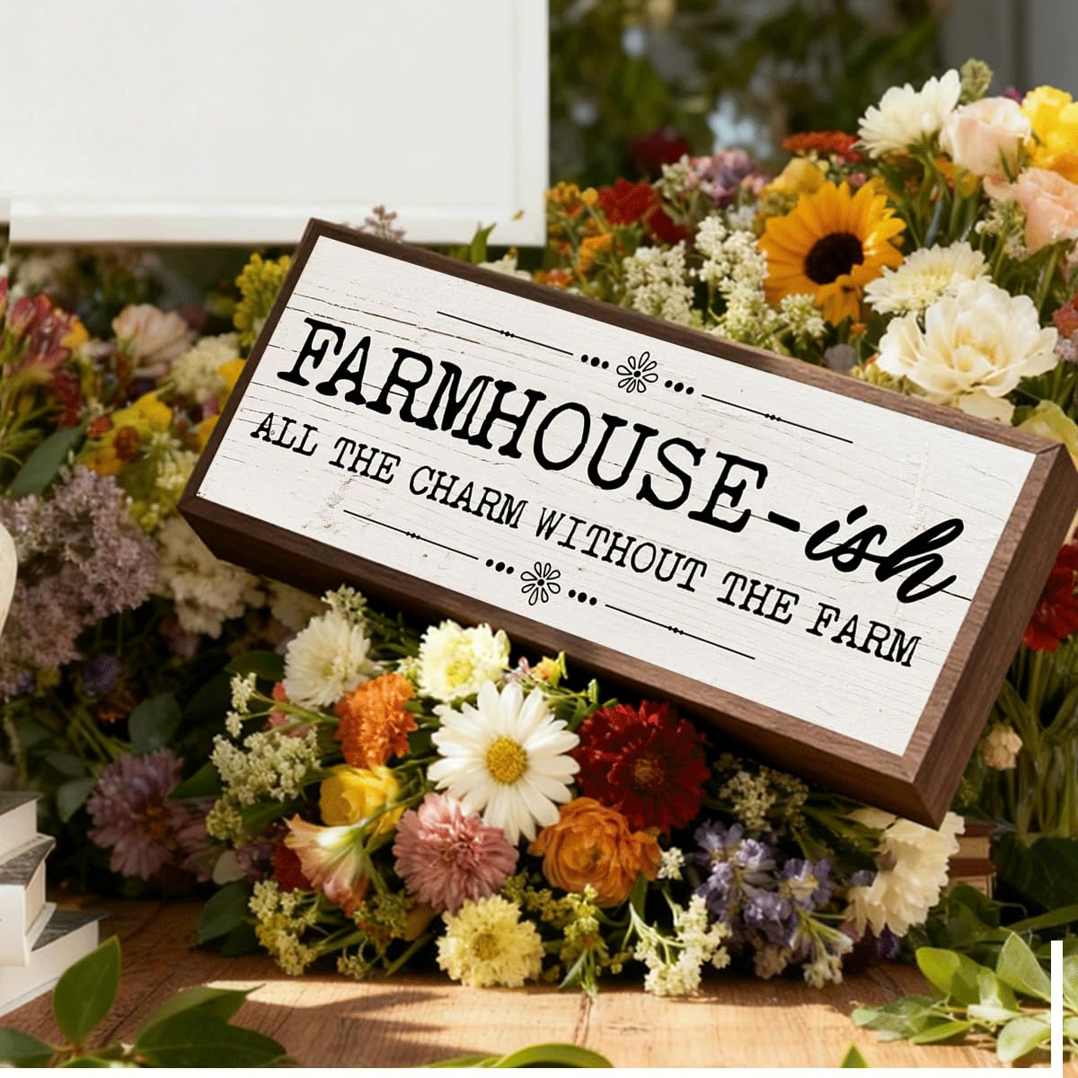 Country Style Wood Decor, Farmhouse-ish Sign, Framed Wooden Wall Plaque, Rustic Home Decor for Living Room Kitchen, All the Charm without the Farm Sign 9.5x3.1x1 inches BQL