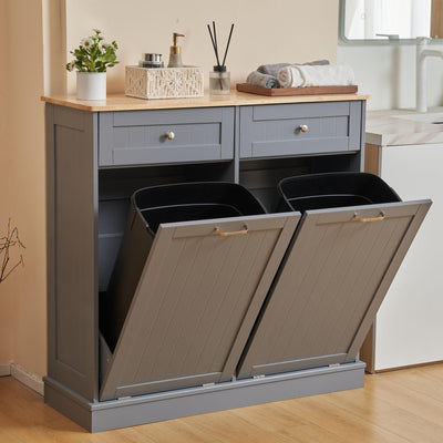 AHB Double Tilt Out Trash Cabinet Kitchen Trash Bin Cabinet 2x13 Gallons Free Standing Recycling Trash Can Cabinet with Hideaway Drawers Pet Proof Trash Can Holder for Kitchen Living Room, Grey