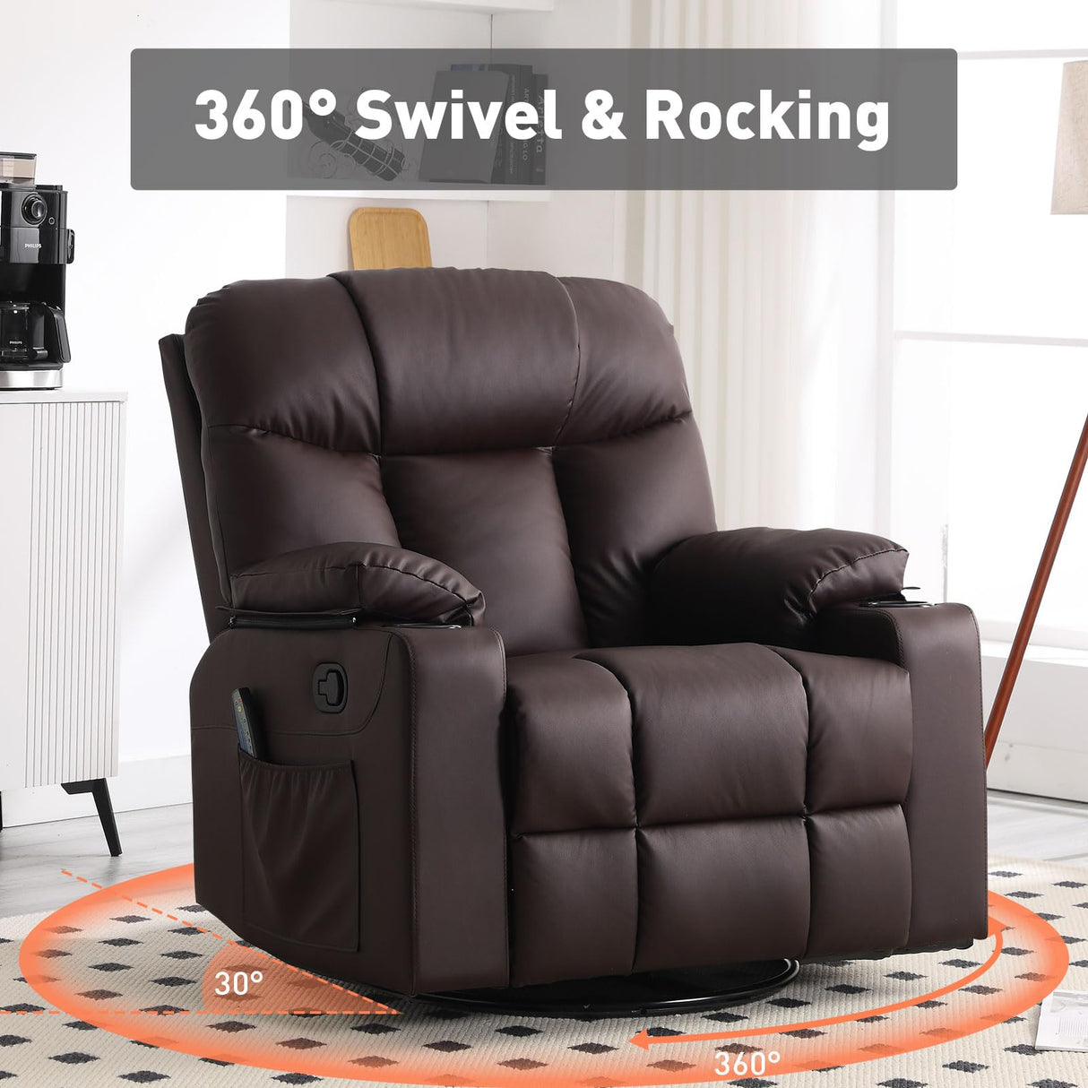 Bonzy Home Swivel Rocker Recliner with Heating and Massage, 40" Manual Rocker Recliner Chair, PU Leather Single Sofa with 2 Cup Holders for Living Room Bedroom, Brown Bonzy Home