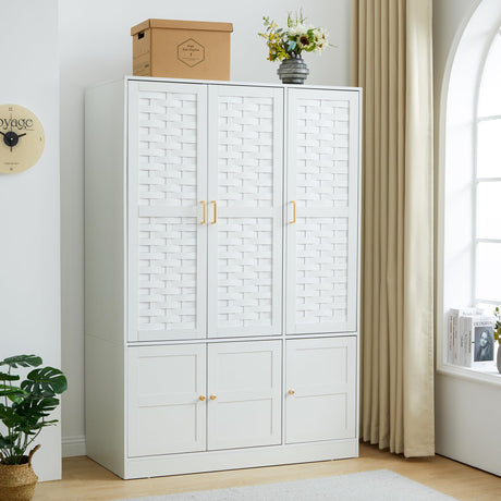 PHOYAL Armoire Wardrobe, 6 Woven Doors Storage Cabinet Wood and 8 Shelves Metal Handles for Tall Cabinet Closet Large Capacity Armoire Wardrobe Closet with Hanging Rod (White) PHOYAL
