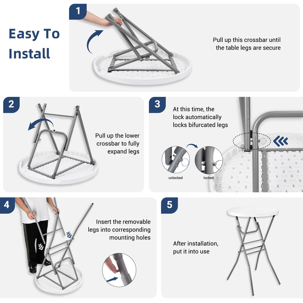 Byliable Cocktail Table 28in Folding Round High Top Indoor Outdoor with Removable Legs, Tall Bistro Foldable Bar Height Table for Parties, Patio, Backyard, Dining, Wedding, White- 2PCS Byliable