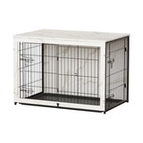 Megidok Wooden Dog Crate Furniture with Cushion,Large Dog Crate End Table with Tray, Double Doors Kennels Indoor (37" L*25" W*26" H, Marble White) Megidok