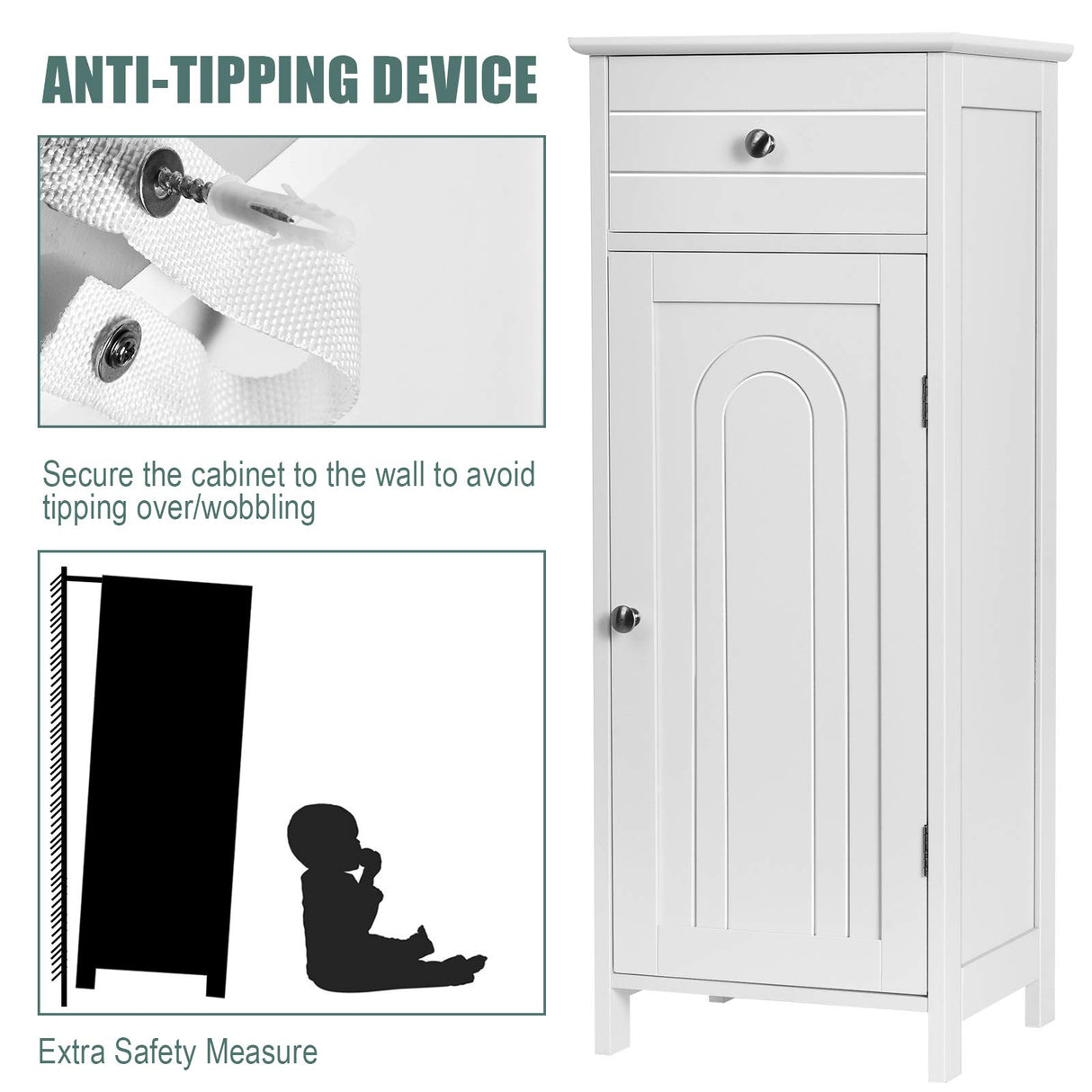 Tangkula White Wooden Bathroom Floor Cabinet with Large Drawer and Adjustable Shelves Tangkula