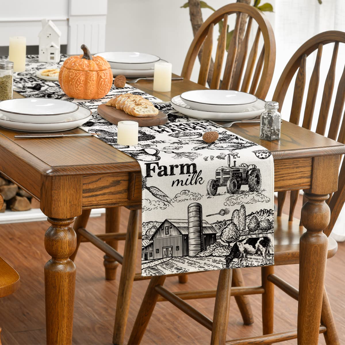Artoid Mode Tractor Milk Farm Table Runner, Cow House Fall Kitchen Dining Table Decoration for Outdoor Home Party 13x72 Inch Artoid Mode