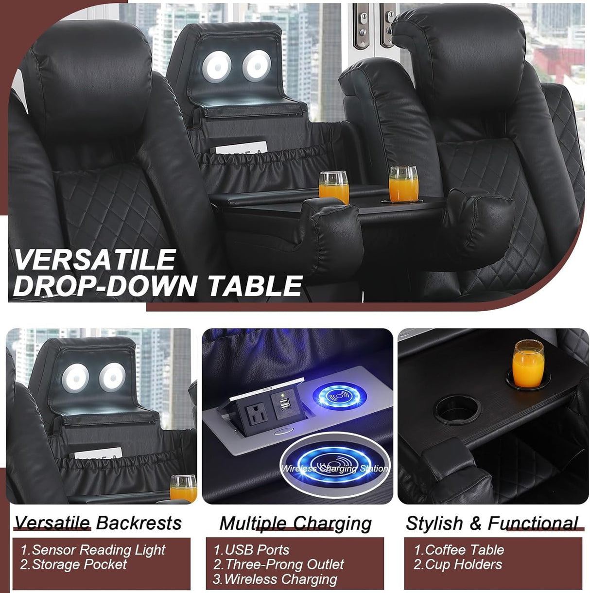 Power Recliner Sofa 3 Seat, Black Leather Reclining Loveseat with Console RV Furniture with Adjustable Headrest/Led Light/Storage/Reading Lamp/Cup Holder/USB&Wireless Charging poplarbox