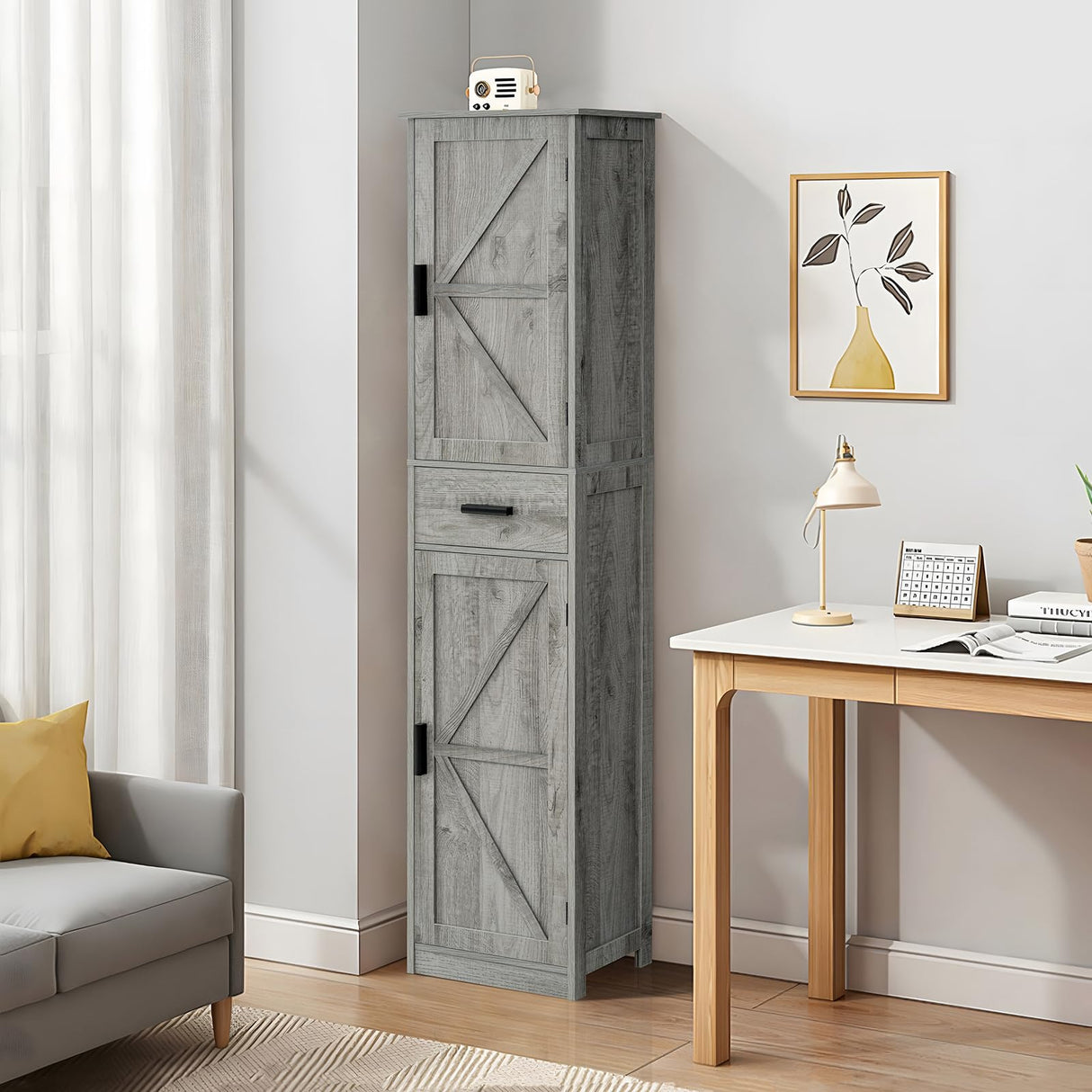 Tall Grey Bathroom Cabinet with 6 Shelves, 2 Doors & Drawer for Narrow Spaces WEENFON