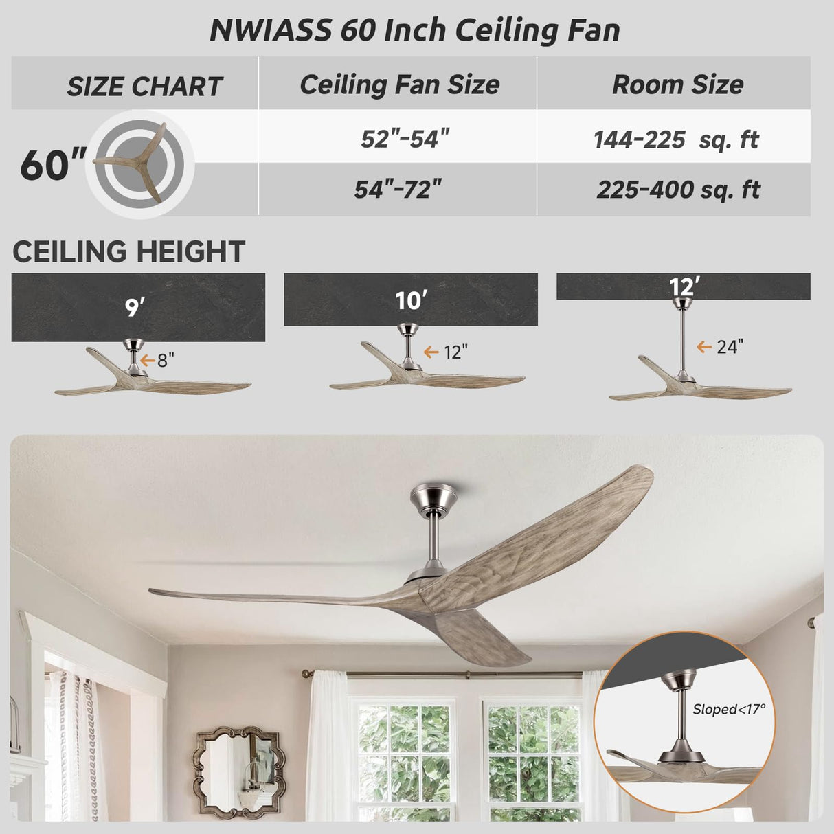 NWIASS 60 Inch Ceiling Fan No Light, Large Outdoor Ceiling Fan without Light with Remote, Premium Grey 3 Blade Solid Wood Ceiling Fan-Brushed Nickel, Modern Quiet DC Ceiling Fan for Patio Exterior NWIASS