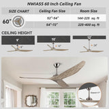 NWIASS 60 Inch Ceiling Fan No Light, Large Outdoor Ceiling Fan without Light with Remote, Premium Grey 3 Blade Solid Wood Ceiling Fan-Brushed Nickel, Modern Quiet DC Ceiling Fan for Patio Exterior NWIASS