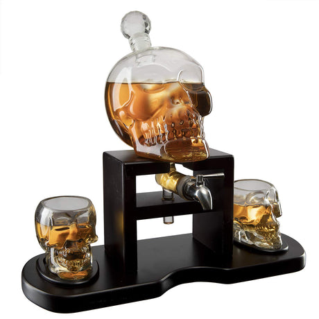 Skull Skeleton Wine & Whiskey Decanter Set 750 mL With 2 Skull 3oz Skeletons Shot Glasses + Mahogany Wooden Base & Pouring Spigot Decor Glass, Goth Spooky Drinking Glassware The Wine Savant The Wine Savant