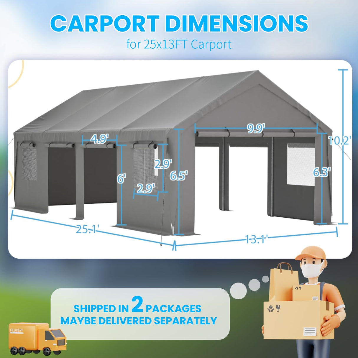 LPdorbe Carport 13"x 25"Heavy Duty Car Port with 4 Roll-up Doors and Ventilated Windows,Portable Outdoor Garage w/Removable Sidewalls for Car,Truck,Tractors,Boats,Party Canopy LPdorbe