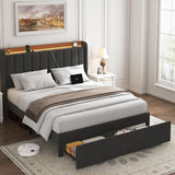TIGUBFRE Dark Grey Full Size Upholstered Bed Frame with LED Lighting, Storage Headboard & Drawers TIGUBFRE