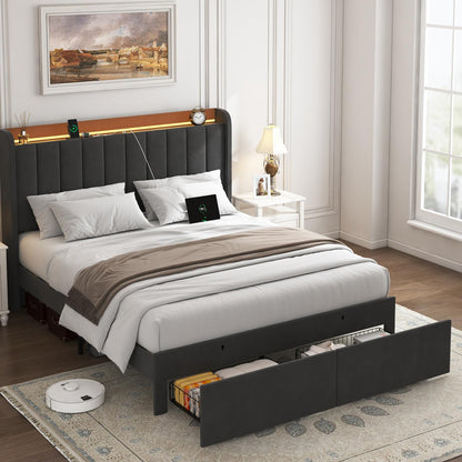 TIGUBFRE Dark Grey Full Size Upholstered Bed Frame with LED Lighting, Storage Headboard & Drawers - WoodArtSupply