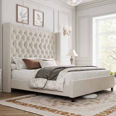 PaPaJet Queen Bed Frame 61.4" Tall Headboard Upholstered Velvet Platform Bed with Handmade Deep Button Tufted/No Box Spring Required/Cream PaPaJet