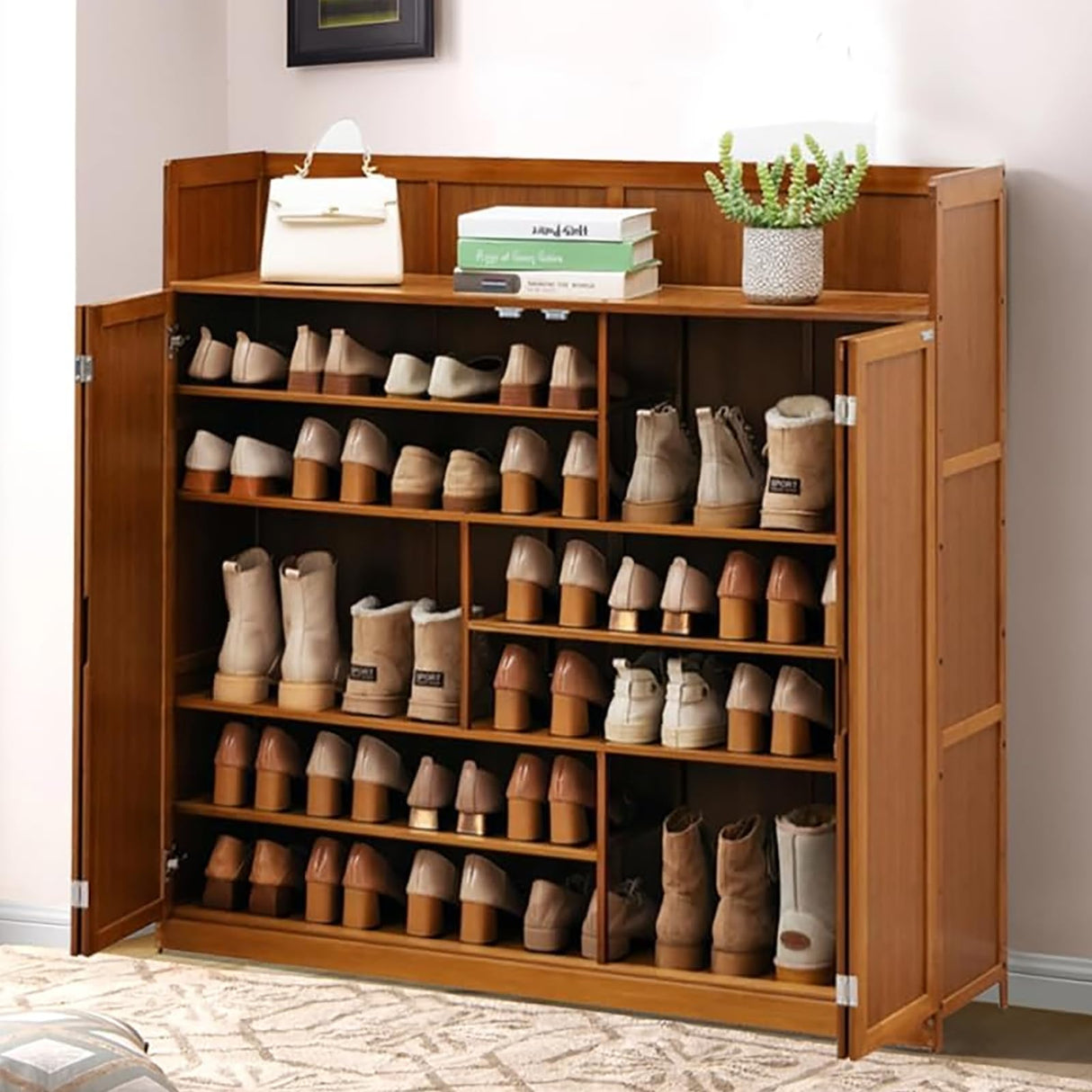 walkclpck Bamboo Shoe Cabinet with 2 Folding Doors, 7 Tier Freestanding Shoe Storage Cabinet, 36-40 Pairs Entrance Shoe Rack, Brown, 46" L x 13" W x 45.3" H walkclpck