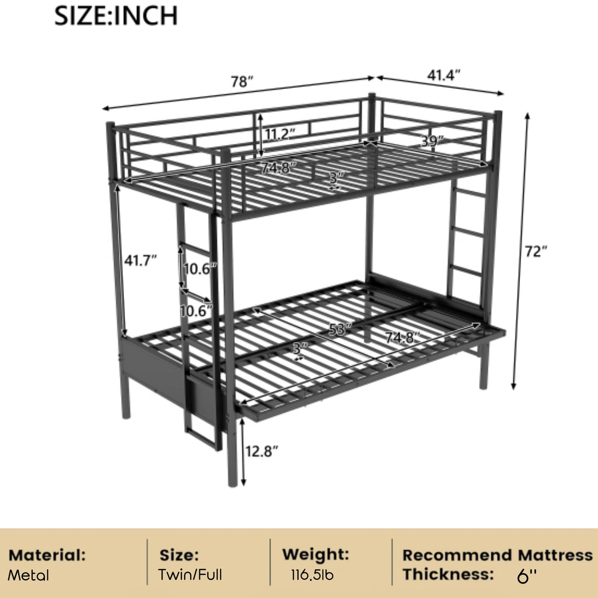Twin Over Futon/Full Bunk Bed, Bed Frame with Sturdy Steel Frame, Convertible Metal Bunk Bed Couch and Bed with Guard Rail Ladder for Kids Adults Teens,Black Bellemave
