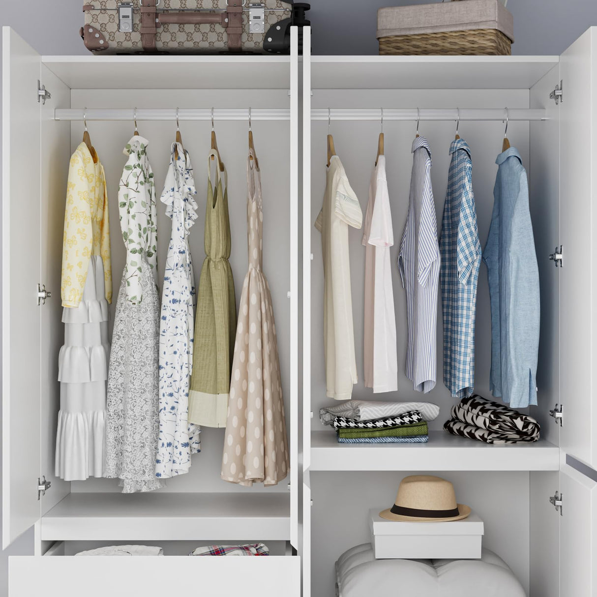 Bobve Bedroom Armoire Wardrobe Closet, Wardrobe Closet Cabinet with 2 Drawers, Wood Wardrobe Closet with 4 Doors, Wardrobe Storage Cabinet with Shelves & Hanging Rod,White(63" L x 20.39" W x 78.74" H) Bobve