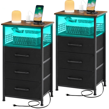 LAKEMID Night Stand Set 2 with Charging Station, Nightstands Set of 2 with 20 Colors LED Light Strip 3 Drawers, Side Tables Bedroom End Table with USB ports and Outlets for Living Room (Rustic Brown) LAKEMID