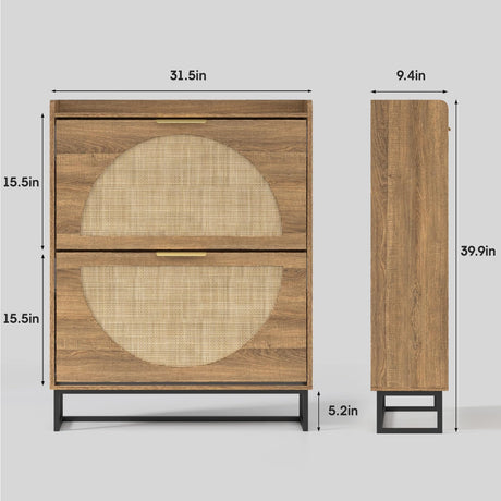 Maupvit Rattan Shoe Storage Cabinet with 2 Flip Drawers, Freestanding Shoe Organizer with Metal Legs for Entryway, Hidden Golden Handles, Narrow Shoe Rack Cabinet, Rustic Oak Rattan Maupvit