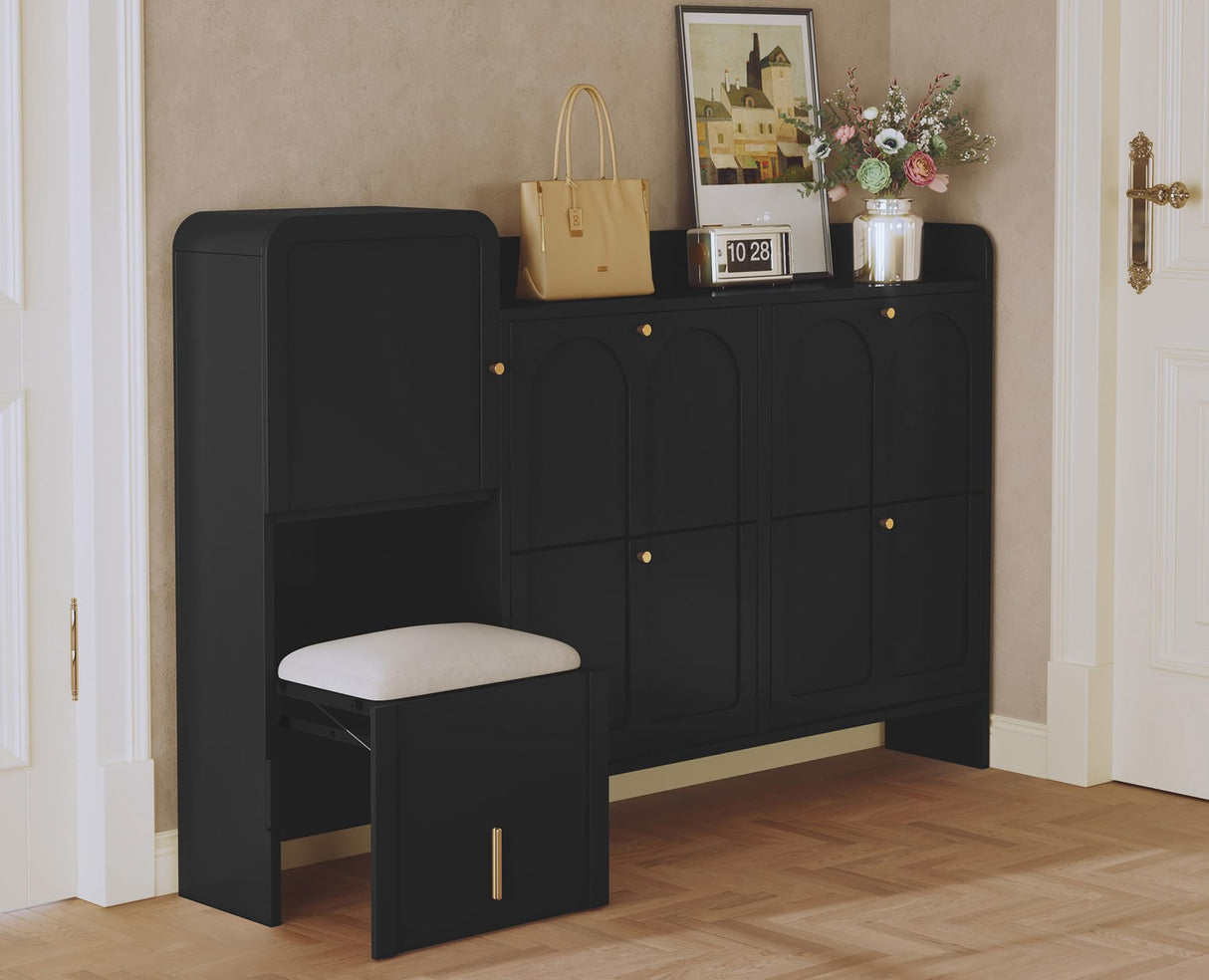 MOIANJI Modern Shoe Cabinet with 4 Flip Drawers, Large Shoe Storage Cabinet with Hidden Stool & Adjustable Shelves, Wood Shoe Rack Organizer for Entryway Foyer Hallway Living Room, Black MOIANJI