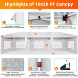 COBIZI 10x30 Pop Up Canopy Tent with Removable Sidewalls, Waterproof Portable Easy Up Canopy with Carry Bag, Instant Outdoor Shelter Tents for Parties, Events, Backyard Gatherings, Weddings, White COBIZI