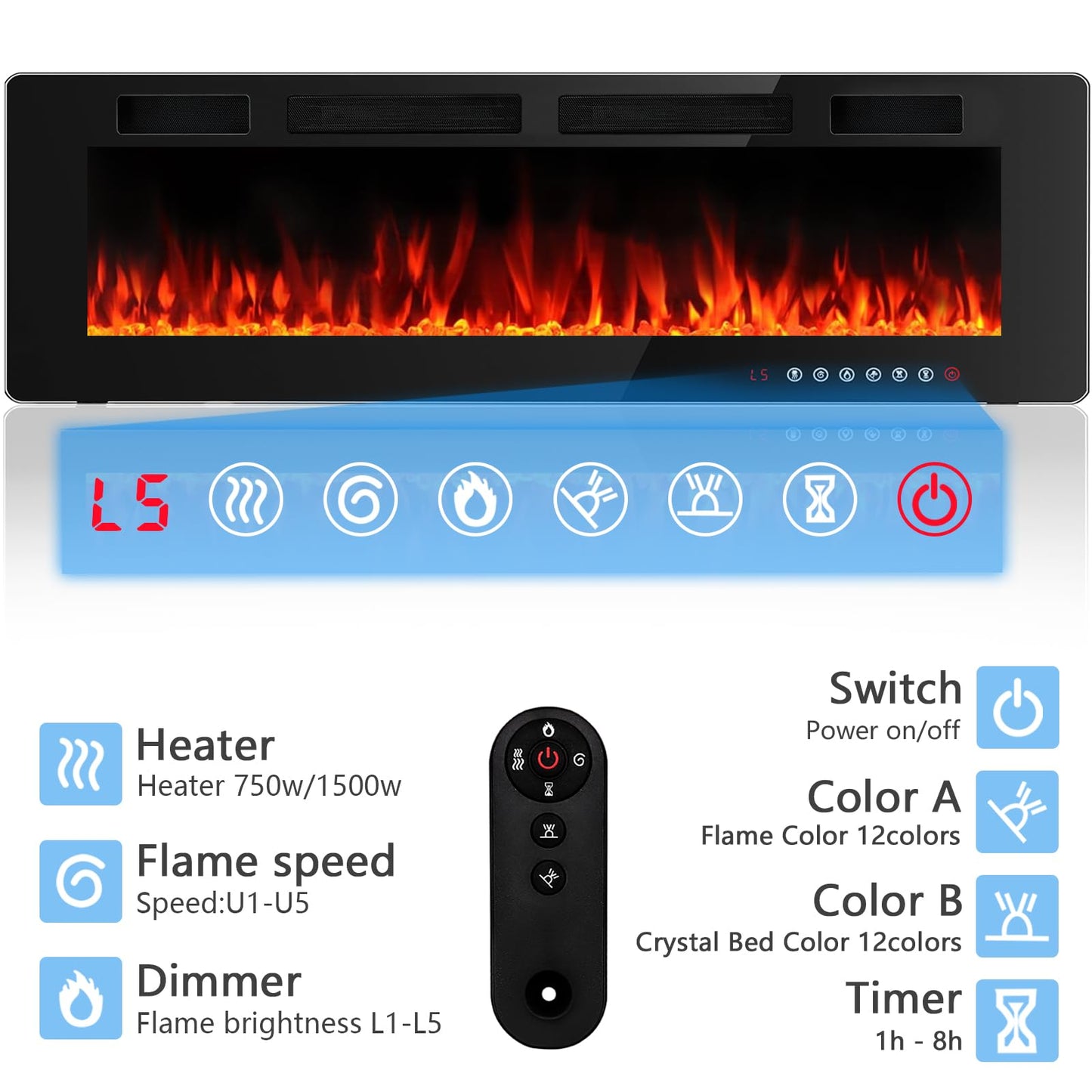 BOSSIN 72 inch Electric Fireplace Recessed and Wall Mounted, Ultra-Thin Silence Linear Electric Fireplace, 12 Adjustable Flame Color & Speed,750/1500W,Touch Screen Remote Control with 8h Timer